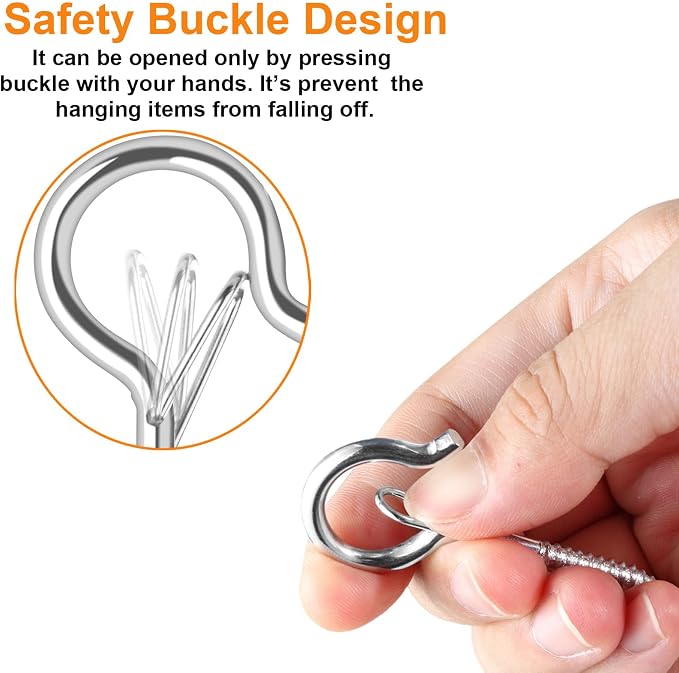 FSAH 24 PCS Q-Hanger Hooks, Screw Hooks for Outdoor String Lights, Safety Buckle Design Cup Eye Hook for Hanging Christmas Lights, Plants, Mounted on Wall Ceiling, Include 1 Wing Nut Driver, Silver