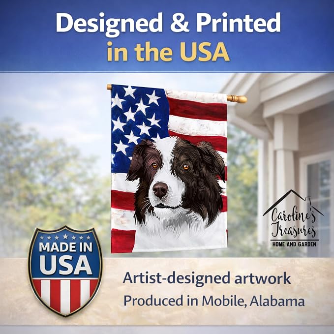 Caroline's Treasures CK6447CHF Border Collie Dog American Flag House Flag Large Porch Sleeve Pole Decorative Outside Yard Banner Artwork Wall Hanging, Polyester, House Size, Multicolor