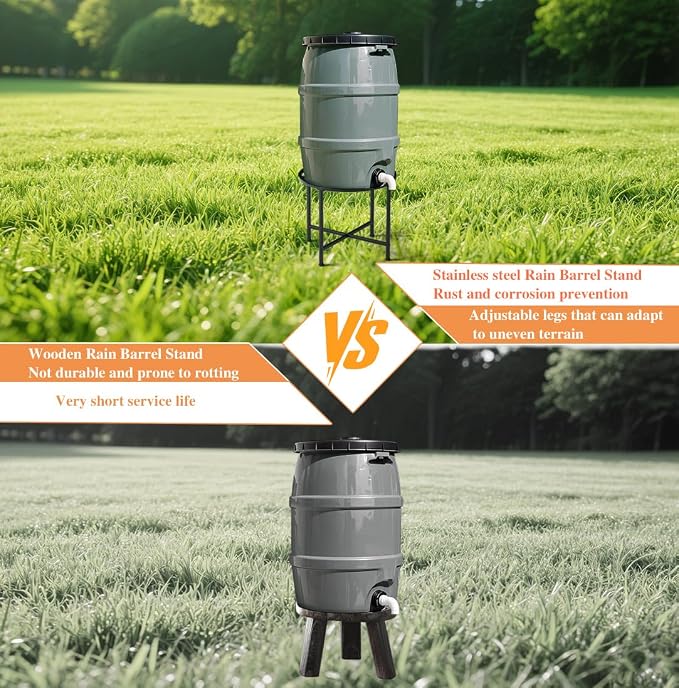 Stainless Steel Rain Barrel Stand - Heavy Duty Water Collection Base for 45/50/55 Gallon Plastic Barrels, Outdoor Weatherproof & Rust-Proof Design with 1200lb Capacity