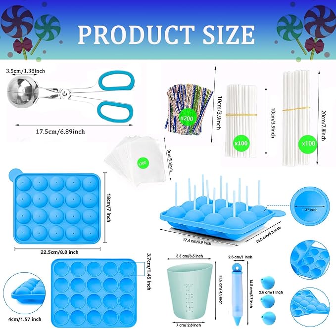 606Pcs Cake Pop Kit,Silicone Lollipop Molds Including Lollipop Sticks,Measuring Cup,Treat Bags,Twist Ties,Decorating Pen,Meat Baller with Handles,Round Mold,Lollipop, Candy,Display Stand Holder(Blue)