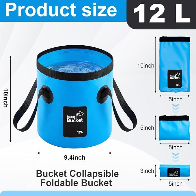 3 Gallon 3 Pack Collapsible Bucket, Foldable Water Bucket with Handles, Portable Camping Buckets for Fishing, Hiking, Cleaning, Outdoor & Travel Use (Blue)
