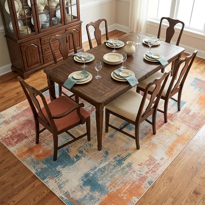5x7 Terracotta Blue Beige Modern Abstract Brushstroke Area Rug | Washable non-slip low-pile faux cashmere rug for living rooms, bedrooms and home offices.