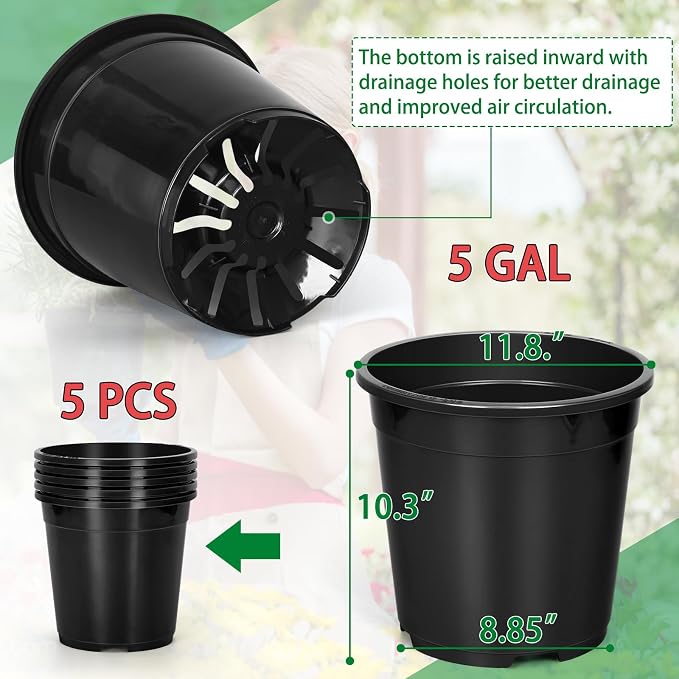 OUPSAUI 5 Gallon Pots for Plants, 11.8 Inch Plant Pots with Drainage Holes, Sturdy Plastic Large Nursery Pot, 5 Gallon Nursery Pots for Seedlings, Succulents, Cuttings