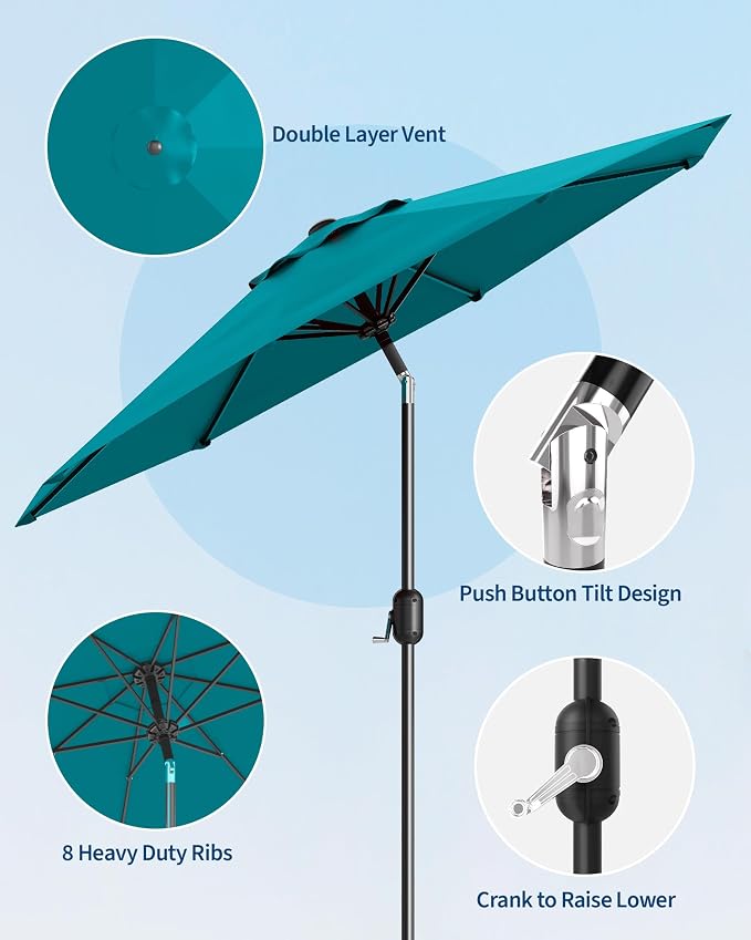 GarveeLife 10 ft Patio Umbrella, Outdoor Table Market Umbrella with Push Button Tilt and Crank, 8 Sturdy Ribs UV Protection Waterproof for Garden, Deck, Backyard, Pool (Turquoise Blue)
