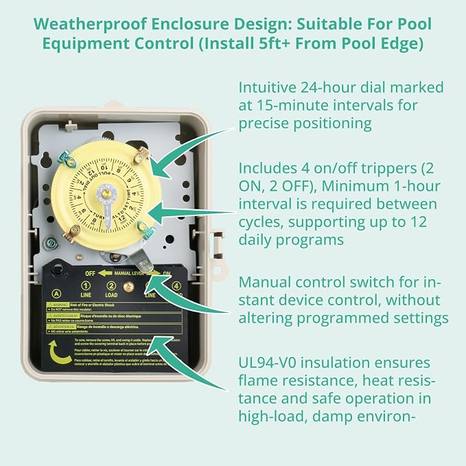 T104 Mechanical Pool Timer Switch, Weatherproof Plastic Enclosure, 208-277VAC 60Hz DPST, Indoor/Outdoor Install, for Pool Pump, Spa Equipment, Landscape Lighting, Outdoor Irrigation