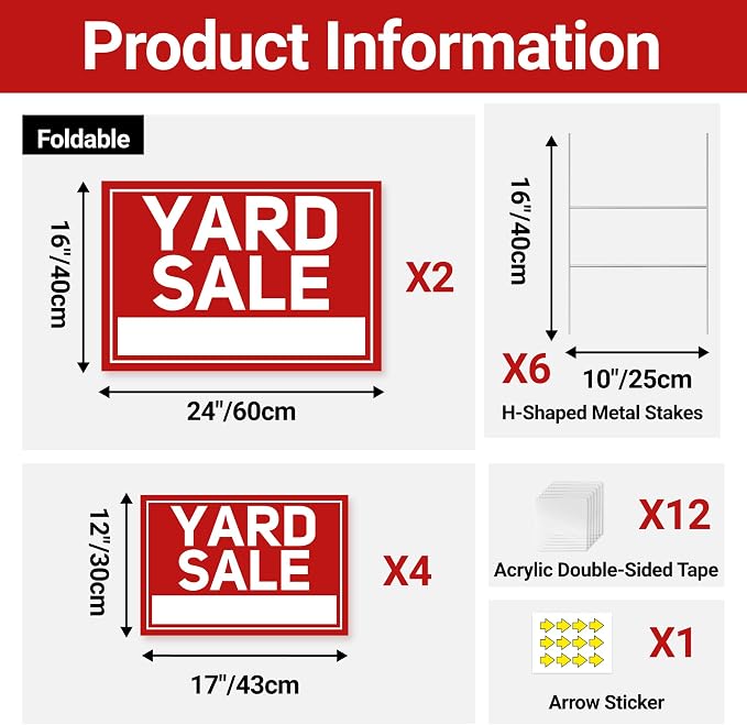 6 Pcs Yard Sale Signs with Stakes, 2-Pack Extra-Large Yard Signs 24" x 16" and 4-Pack Large Sign 17" x 12", Double-Sided Waterproof Business Signage for Yard Sale Kit and Supplies