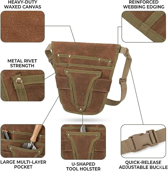 Gardening Tool Pouch for Waist, Hands-Free Canvas Tool Belt with 6 Pockets – Adjustable Waist Apron for Gradenging Tools (Gardening Tools NOT Included)-(Brown)