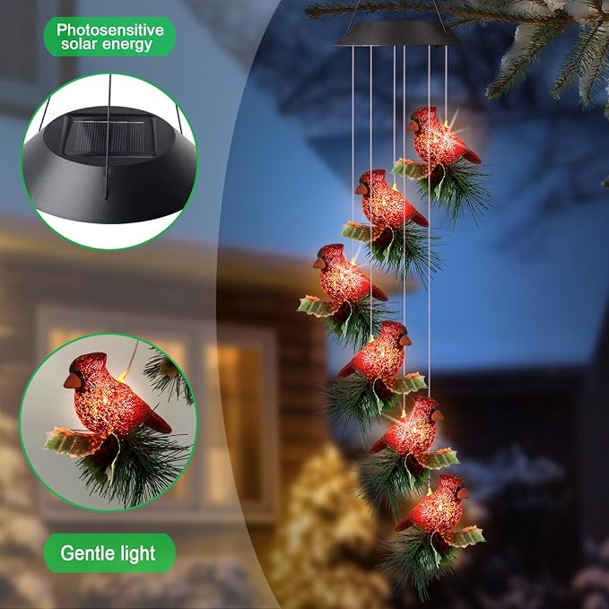 Solar Cardinal Wind Chimes for Outside,Red Bird Danglers Mobile Lights,Waterproof Hanging Outdoor Christmas Decor for Garden Patio Yard