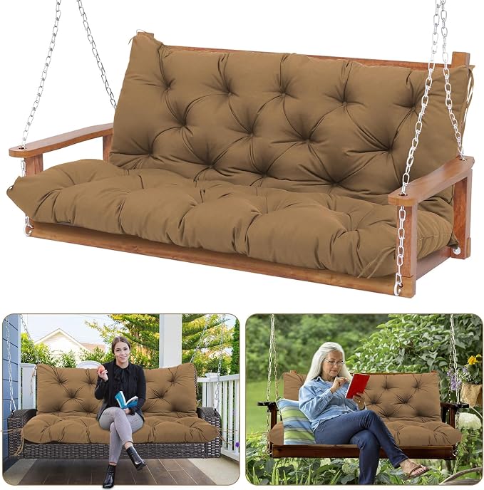 Waterproof Porch Swing Cushions Thicken 5" Brown 2-3 Seat 48 ×40 in Replacement Swing Cushions with Backrest and Ties for Patio Backyard Porch Garden