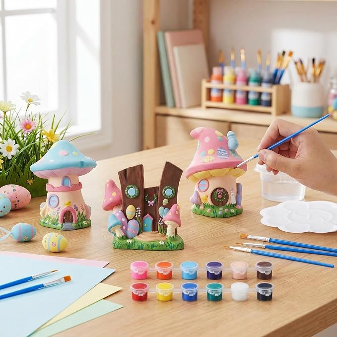 Acellegic 6 Pcs Ceramics Fairy House to Paint Ready to Paint Your Own Fairy Garden Mushroom Statue DIY White Ceramic Mushroom Houses for Yard Decor Summer Spring Painting Art