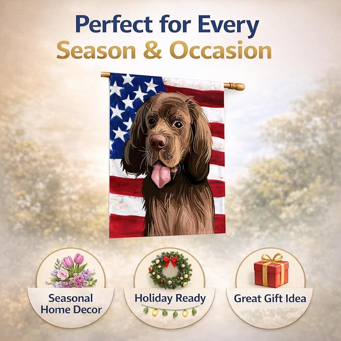 Caroline's Treasures CK6729CHF Sussex Spaniel Dog American Flag House Flag Large Porch Sleeve Pole Decorative Outside Yard Banner Artwork Wall Hanging, Polyester, House Size, Multicolor