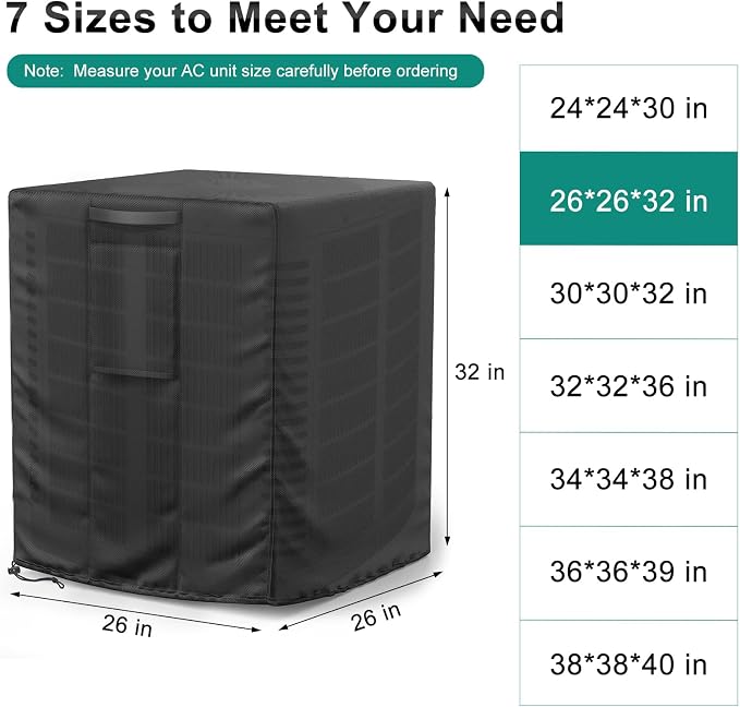 Central Large Air Conditioner Cover for Outside Units, Waterproof & Windproof Outdoor AC Units Cover Black (26"x26"x32" Inch)