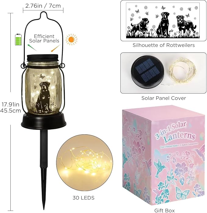 kyoryuger Rottweiler Gifts for Women/Men Rottweiler Solar Lanterns Dog Mom Birthday Dog Lovers Lantern Pet Loss Pet Memorial Lights, Solar Garden Decoration Outside for Yard, Patio,Backyard,Porch