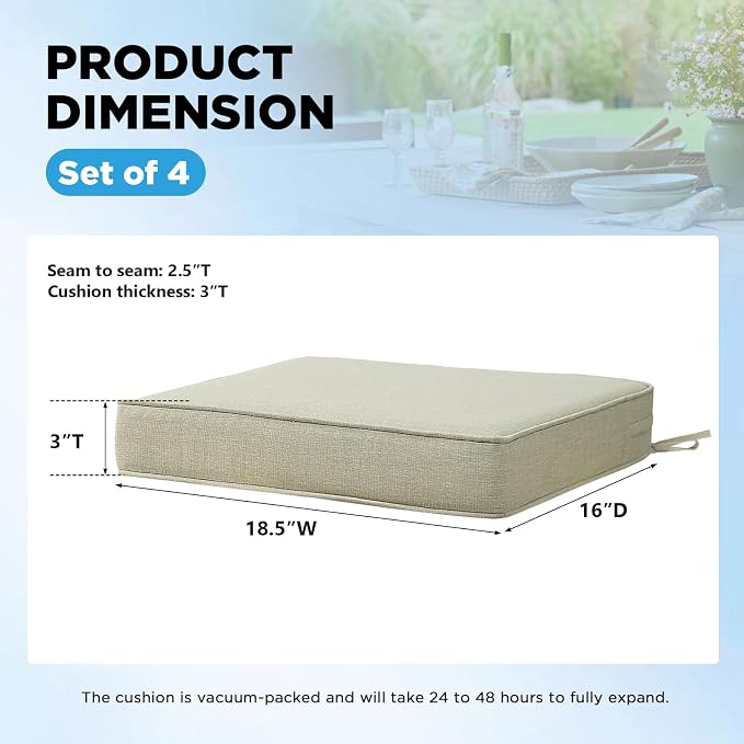 18.5 x 16 Inch Outdoor Chair Cushions with Tie Straps, Set of 4 Thick Water Repellent Rectangle Patio Chair Pads for Garden Lawn Patio Furniture, Linenweave Tan