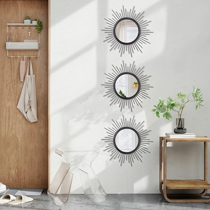 3 Pack Black Metal Wall Mirrors Sunburst Wall Mirrors Home Décor Art Decorative Modern Bohemian Hanging Wall Art for Bedroom Bathroom Living Room Entryway Small 12''