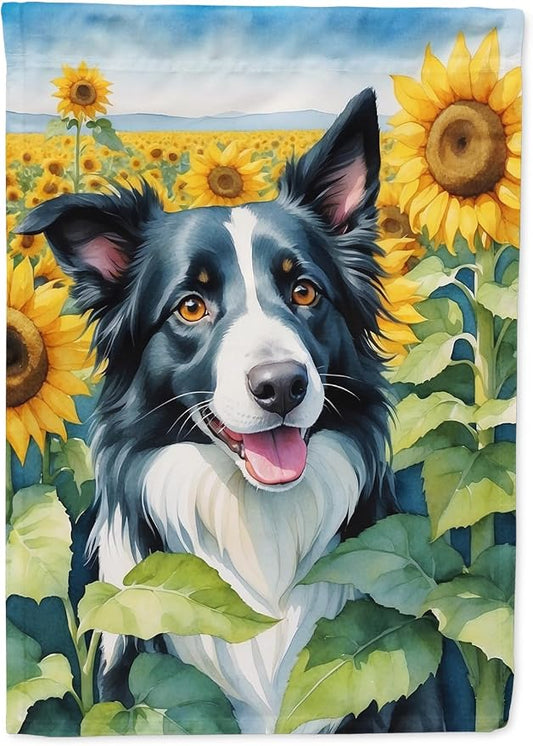 Caroline's Treasures DAC6031CHF Border Collie in Sunflowers House Flag Large Porch Sleeve Pole Decorative Outside Yard Banner Artwork Wall Hanging, Polyester, House Size, Multicolor