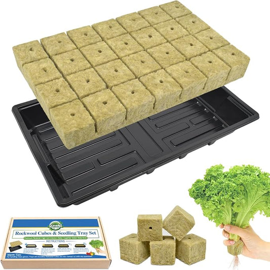 Halatool Seed Starter Kit, Reusable Plant Germination Trays with 28 Pcs Rockwool Cubes, Indoor Greenhouse Gemination for Hydroponic Cuttings Propagation Clone Gardening