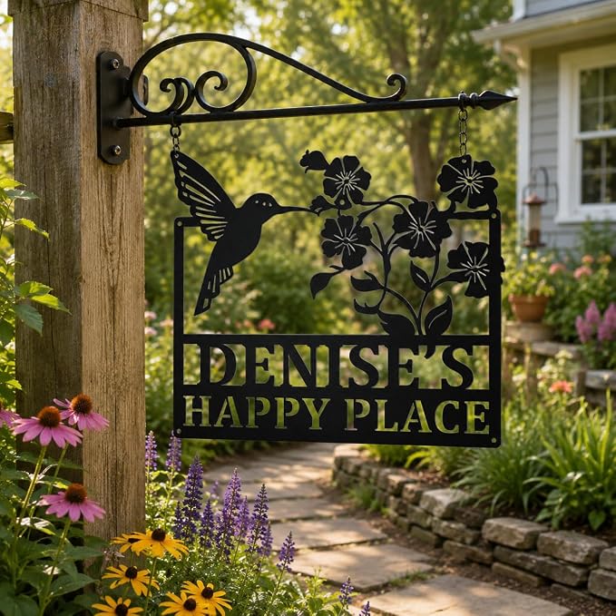 Personalized Garden Sign with Stake, Custom Metal Garden Name Sign for Outside, Hummingbird Flower Yard Decor, Outdoor Garden Stake Sign, Gifts for Gardeners, Mom, Grandma, Housewarming Gift