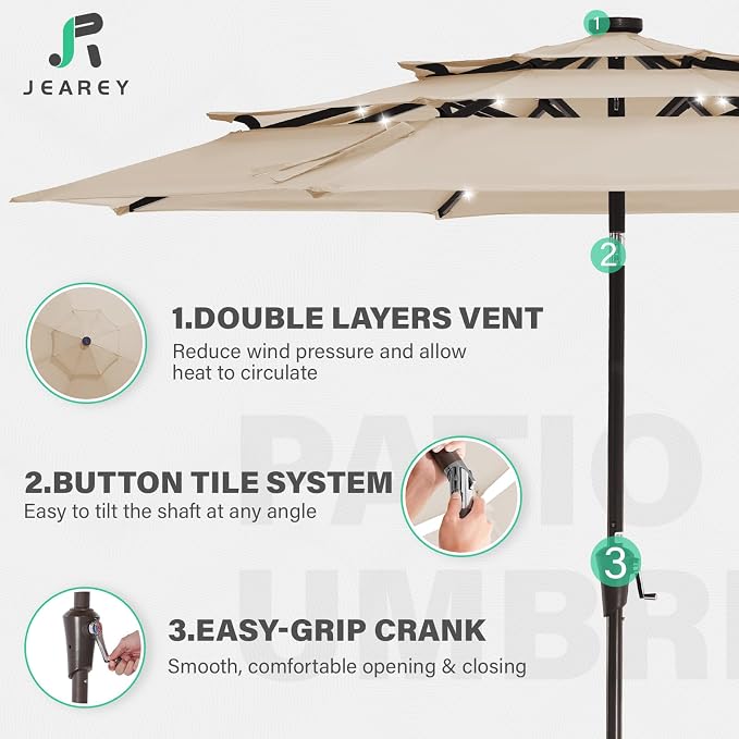 JEAREY 3 Tiers Patio Umbrella with Solar Lights 9ft Outdoor Market Table Umbrellas with Push Button Tilt for Outside Pool Garden, Tan