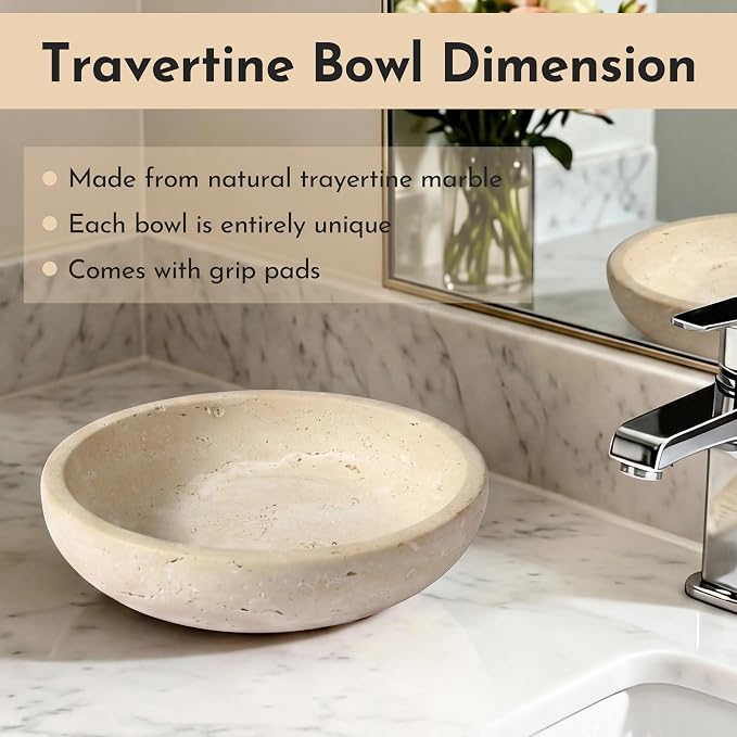 Travertine Marble Bowl & Decorative Bowl, 7.8" Modern Home Decor Key Bowl for Entryway, Natural Stone Centerpiece for Coffee Table, Ring Tray, Housewarming Gifts (Natural Color)
