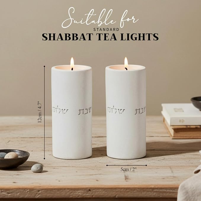SURI Shabbat Candle Holders Set – Modern Judaica Gift and Jewish Holidays – Concrete Dripless Candle Holders, Short & Tall – Minimalist Jewish Home Decor Shabbos Candles Holders for Tea Lights