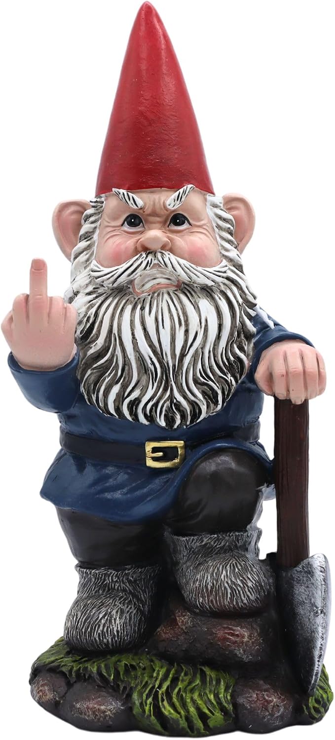 Candy Creations On Cloud 9 Angry Garden Gnome with a Shovel Holding Up Middle Finger, Outdoor Decor, Funny Statue