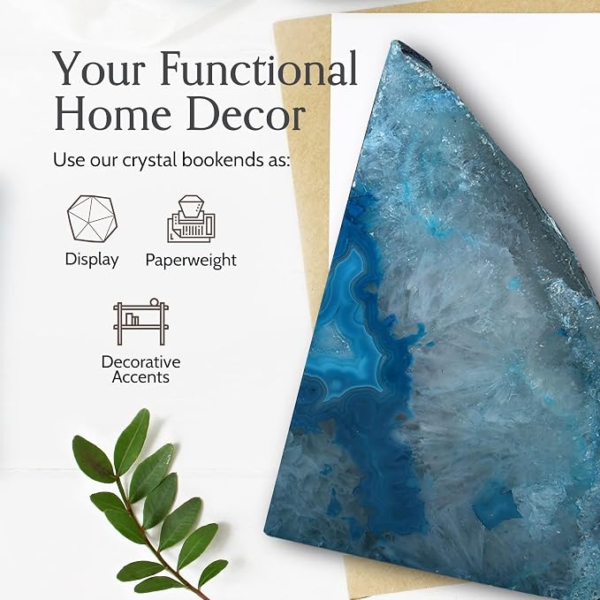 Nature's Decorations Teal Agate Bookends – A+ Grade Geode Heavy Duty Decorative Stone Crystal Book Ends for Shelves & Bookcases, Natural Polished Bookshelf Decor, 1 Pair 3-4Lbs