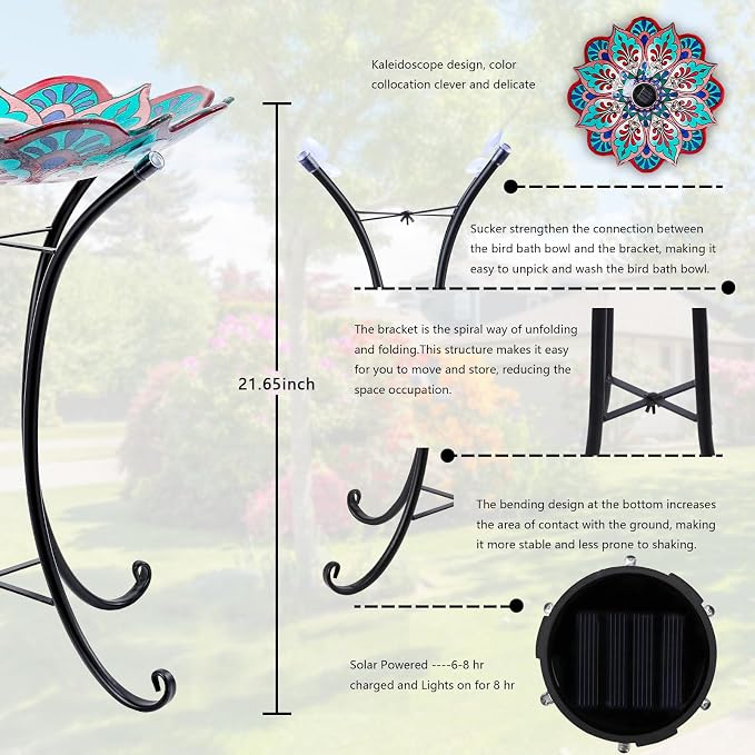 MUMTOP Bird Baths for Outdoors, Glass Large Solar Bird Bath Bowl with Metal Stand, Kaleidoscope Bird Feeders for Outside and Garden, Patio,Lawn Decor (Flower Edge)