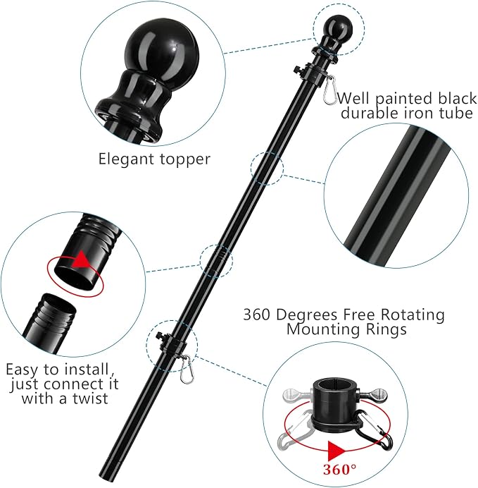 American Flag Poles for Outside House - 6ft Tangle Free Flag Pole for House with Holder Bracket,Residential Flagpole Kit for Outdoor Porch Garage - Black