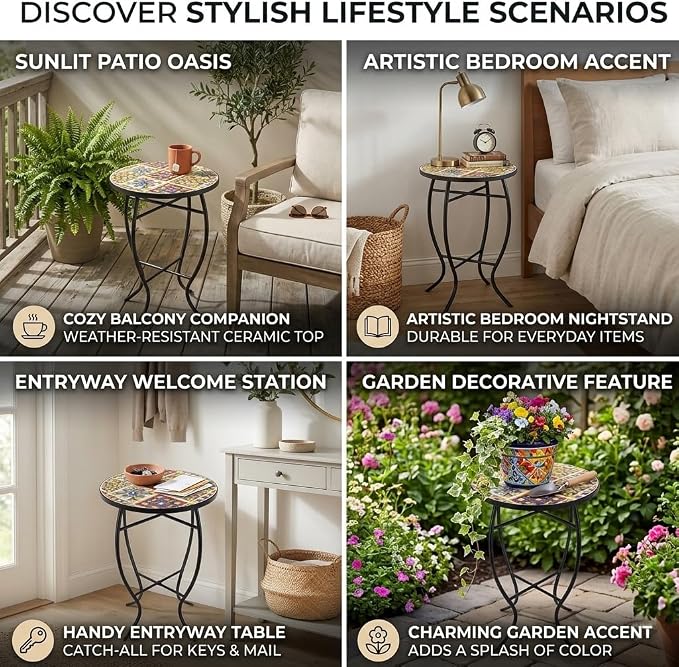 Mosaic Outdoor Side Table Small Round Patio Table Plant Stand | 21" Accent End Table with 14" Ceramic Tile Top for Small Spaces Porch Pool Garden Decor Indoor Living Room Bedroom Balcony