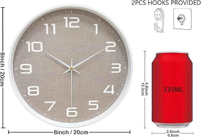 8 Inch Modern Wall Clocks Battery Operated - Silent Non Ticking Quartz Analog Clock with Large Numbers Burlap Texture, Digital Wall Clock for Bedroom Living Room Kitchen Office Gym, White