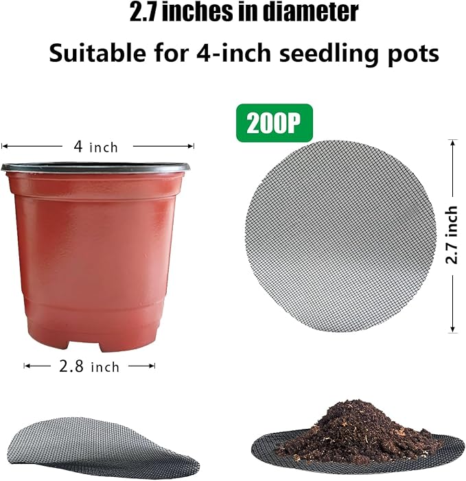 RooTrimmer 200 Pack 68MM, 2.7 inch Round Mesh Nets for Block Soil Leaking of 4 inch Nursery Pots(or Other Pots Bottom Around 2.7")