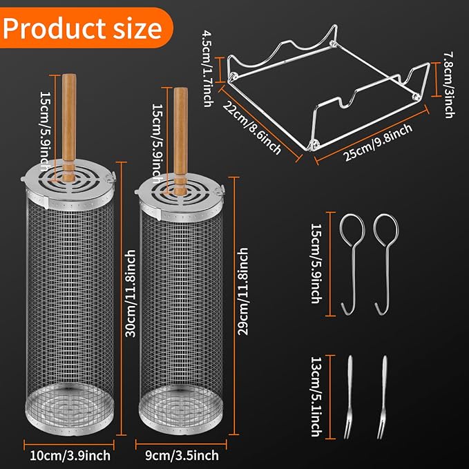 Rolling Grill Basket Set 2 Pack, 304 Stainless Steel Rotating Cage (3.9inch Dia & 3.5inch Dia) with Removable Wood Handle, Includes Wave Holder & Hanging Hooks, BBQ Net for Vegetables Shrimp Smoker Camping
