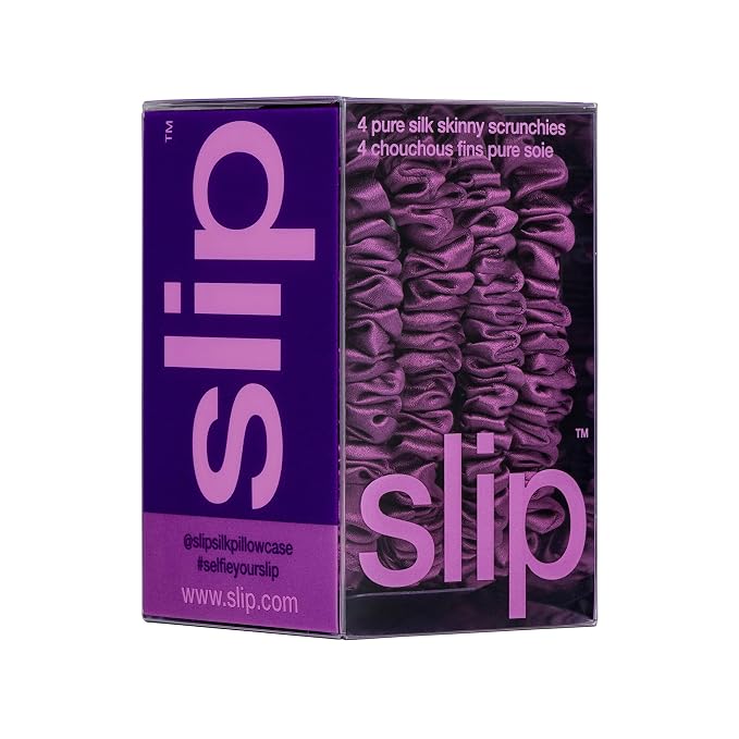 Slip Silk Hair Ties — Skinny Silk Dark Purple Scrunchies, No Damage, No Crease, Anti-Breakage |100% Mulberry Silk | All Hair Types | Made with Proprietary Slipsilk™ | Set of 4