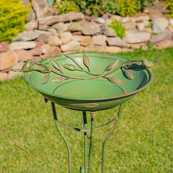 Zaer Ltd. Deep Well Made Metal Birdbath with 2 Cast Iron Birds and Leaf Decoration (Verdi Green)