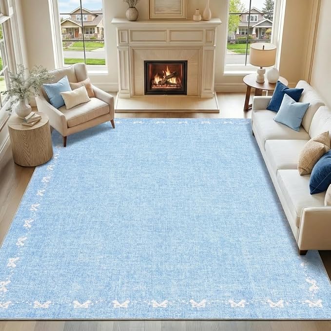 COZYLOOM 9x12 Bow Rug for Bedroom, Large Printed Nursery Rug with Non Slip Backing, Stain Resistant Non Shedding Modern Farmhouse Rugs Low Pile Soft Bordered Carpet for Bedroom, Dining Room, Blue