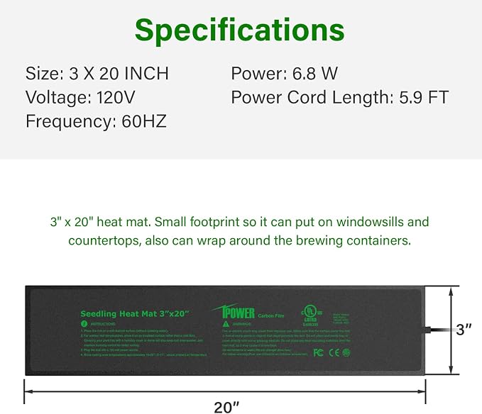 iPower 3" x 20" Seeding Heat Mat with Thermostat Temperature Adjustable Knob Durable Warm Hydroponic Plant Germination Starting Pad, Black