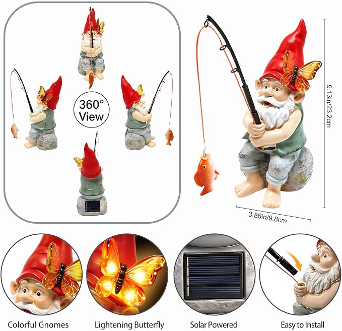 Fishing Gnome Garden Outdoor Statues, Solar Gnome with Butterfly Lights | Waterproof Gnomes Decorations for Yard, Birthday Gifts for Mom Women Christmas, Figurines Decor Patio Porch Lawn Ornaments