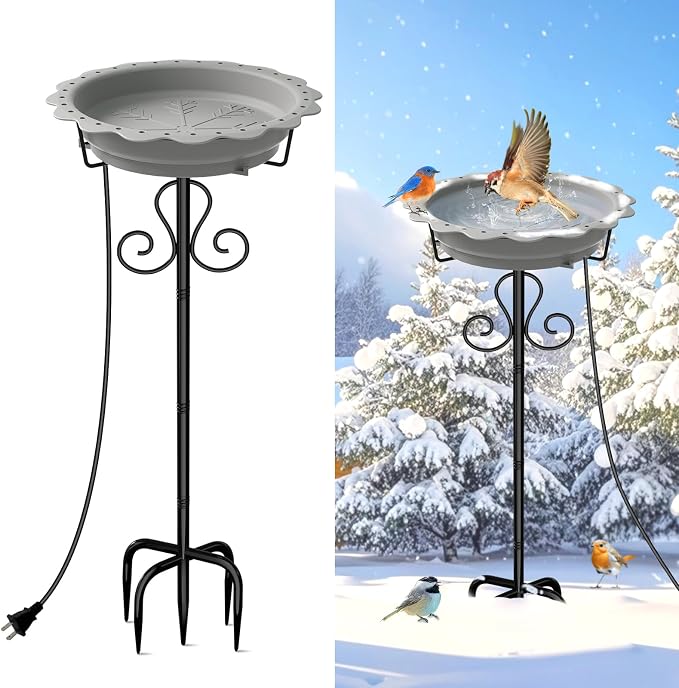 Heated Bird Baths for Outdoors, 100W Heated Birdbath Bowl for Outdoors for Winter with 5-Prong Metal Base Thermostat Control, Heated Bird Bath for Outside Winter Garden Patio Yard Lawn (Gray)