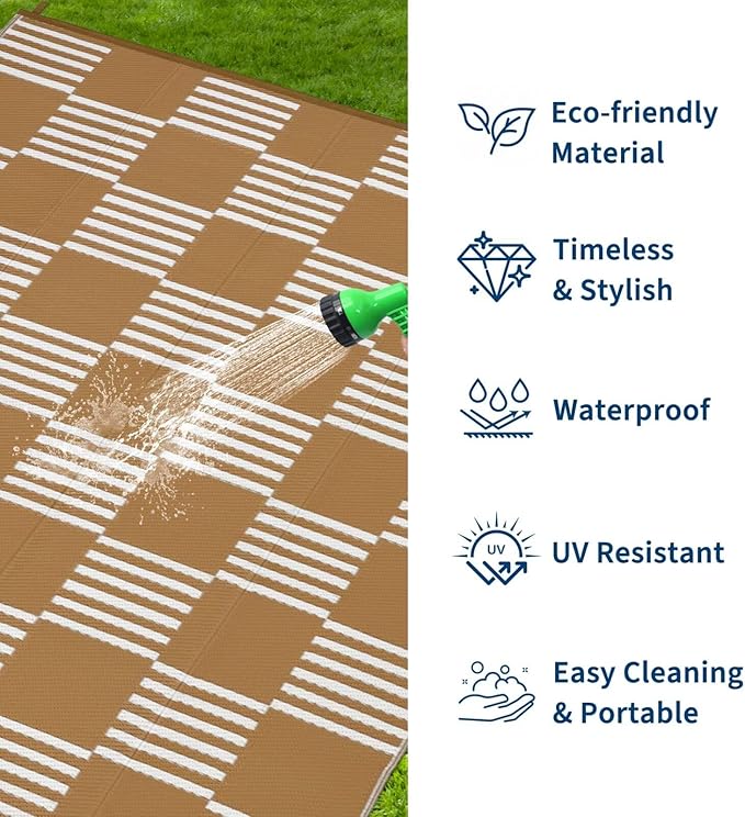 Garvee Waterproof Outdoor Rug 9x18, Checkered Foldable Plastic Straw Patio Camping Rug, Outdoor RV Carpet for Deck Camper Porch Balcony Backyard Picnic Beach Tan