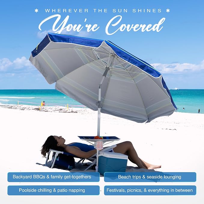 AMMSUN 7ft Heavy Duty High Wind Beach Umbrella with sand anchor, Built-in Table Tray Vent Tilt Pole, UPF 50+ Windproof Portable Outdoor Umbrellas Carry Bag for Patio Garden Pool Backyard stripe