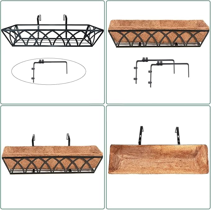 HFHOME 2 Pcs 30" Deck Railing Planter Box with Horse Trough Coco Liners, Black Window Box Metal Hanging Flower Planters Baskets for Indoor, Outdoor, Balcony, Porch, Fence, Patio, and Lawn