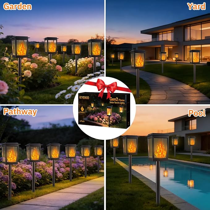 KYEKIO Large Size & Gen2 Flickering Flame Solar Torch Lights, 6Pack Solar Lights Outdoor Waterproof for Outdoor Decor, Garden Lights Solar Powered, Tiki Torches for Outside Pathway Patio Yard Decor
