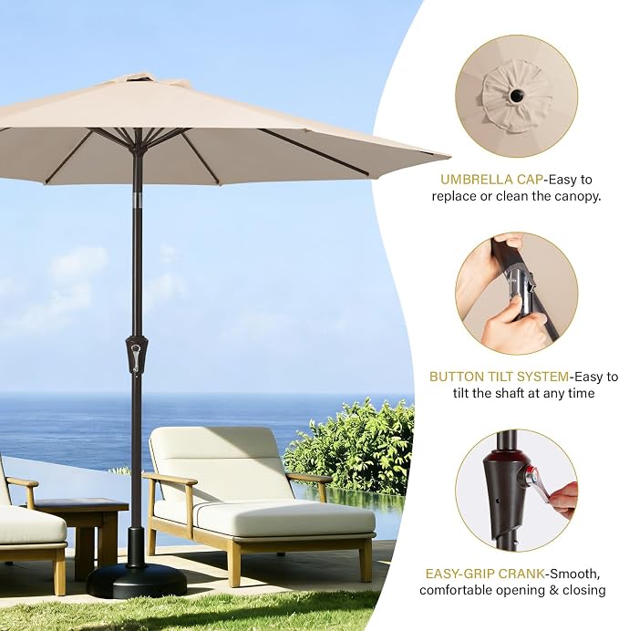 MEWAY 10ft Patio Umbrella Outdoor Table Umbrellas with Push Button Tilt and Crank, Market Umbrella 8 Sturdy Ribs for Deck, Garden, Pool and Backyard, Beige