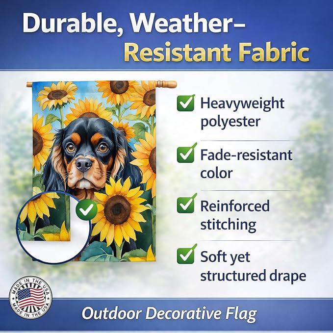 Caroline's Treasures DAC6048CHF Cavalier Spaniel in Sunflowers House Flag Large Porch Sleeve Pole Decorative Outside Yard Banner Artwork Wall Hanging, Polyester, House Size, Multicolor