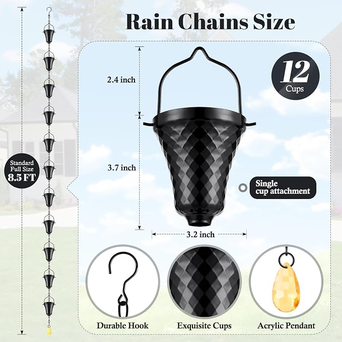 Rain Chains for Gutters Outside Black Powder Coated Downspouts Rain Catcher Diverter Metal Outdoor Decorative, 8.5 FT