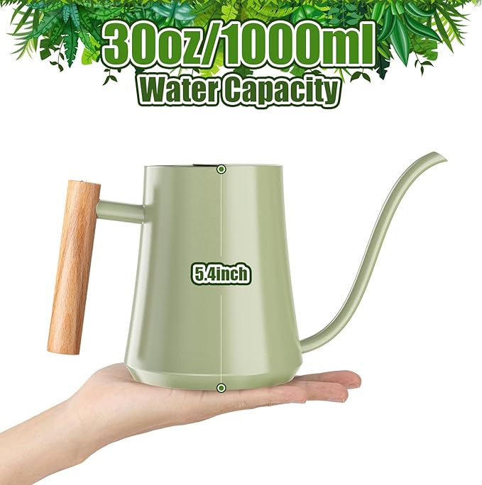 Green Moon 1L/35oz Metal Watering Can Indoor with Long Spout, Sage Green | Metal Stainless Steel Watering Can with Wood Handle for Indoor Plants, House Bonsai, Succulents, and Outdoor Garden Flowers