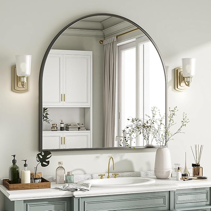 Wide Arched Wall Mirror, 31 x 32 inch Arch Bathroom Mirror Black | Wall Mounted Bathroom Vanity Mirror with Arch Metal Frame, Modern Room Decor for Bedroom, Entryway, Hanging or Leaning