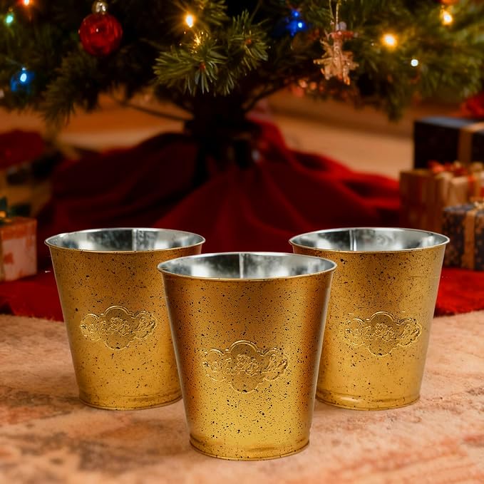 3 Pack Gold Metal Buckets, 6.5" x 6.6" Galvanized Decorative Pails for Floral Arrangements, Plant Pot Covers, Party Favors, Wedding Table Decor and Small Storage