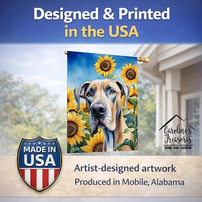 Caroline's Treasures DAC6092CHF Great Dane in Sunflowers House Flag Large Porch Sleeve Pole Decorative Outside Yard Banner Artwork Wall Hanging, Polyester, House Size, Multicolor